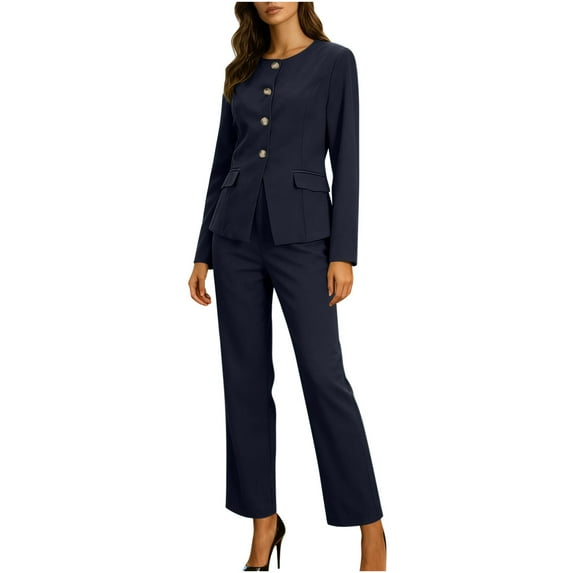 Busydd Womens Sets Business Casual Solid Color Two Piece Sets for Women Long Sleeve Round Neck Button Blazer and Pants Matching Sets Women Clothing