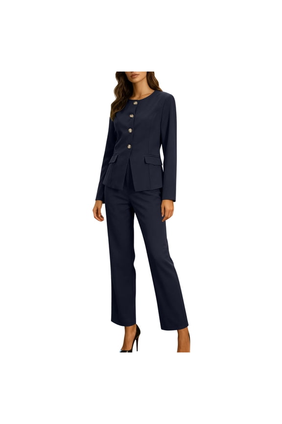 Womens Sets Business Casual Solid Color Two Piece Sets for Women Long Sleeve Round Neck Button Blazer and Pants Matching Sets Women Clothing