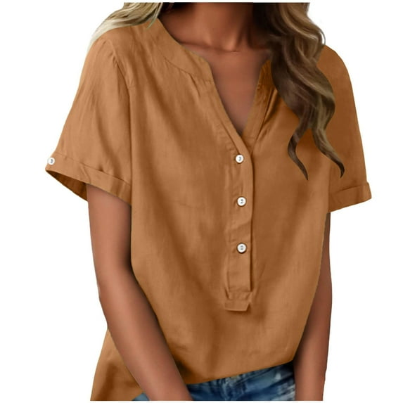 Busydd Womens Short Sleeve Tops Trendy V Neck Button Spring Tops for Women Casual Summer Solid Color T Shirts for Women XL