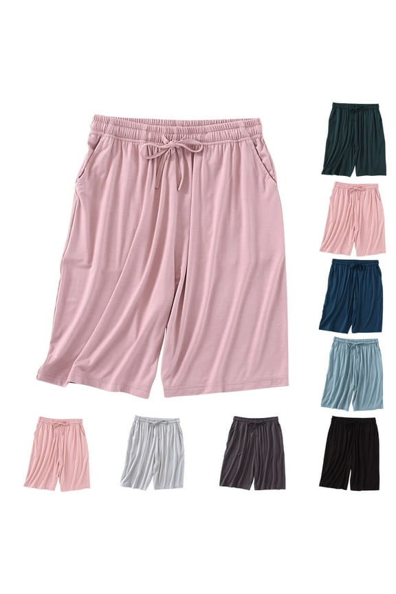 Womens Shorts Casual Comfy Solid Color Pajama Shorts Trendy Breathable Knee Length Elastic Waist Sleep Shorts Comfy Baggy Drawstring Summer Shorts with Pockets