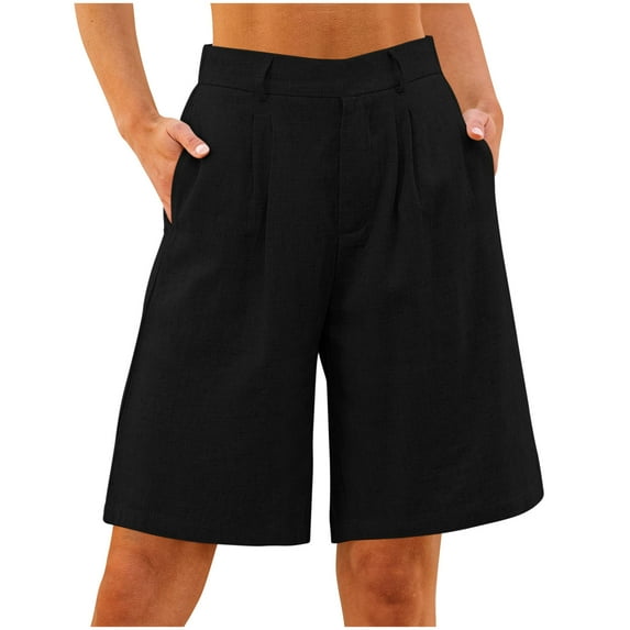Busydd Womens Shorts Solid Color Linen Shorts for Women Straight Leg Casual Shorts Trendy Summer Baggy Knee Length Shorts with Pockets