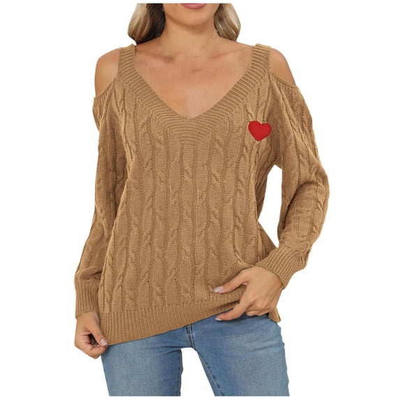 Busydd Womens Off the Shoulder Sweaters Long Sleeve Solid Color Cable Knit Sweater Casual Loose Fall Sweaters Blouse Womens V Neck Sweater Tops Pullover Sweaters for Women