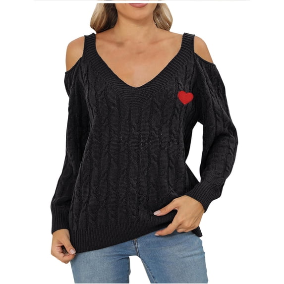 Busydd Womens Off the Shoulder Sweaters Long Sleeve Solid Color Cable Knit Sweater Casual Loose Fall Sweaters Blouse Womens V Neck Sweater Tops Pullover Sweaters for Women