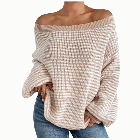 Busydd Womens Off the Shoulder Sweaters Wool Long Sleeve Striped Knit Sweater for Women Casual Loose