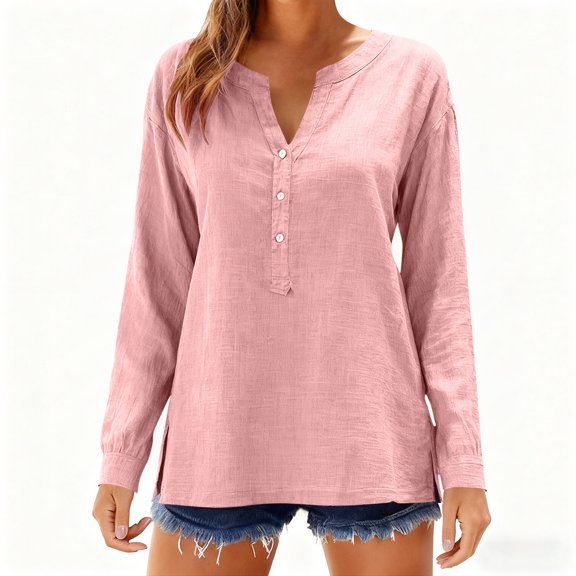 Busydd Womens Spring Tops Fashion V Neck Slit Long Sleeve Shirts for Women Casual Solid Color Button Going Out Tops for Women 2XL