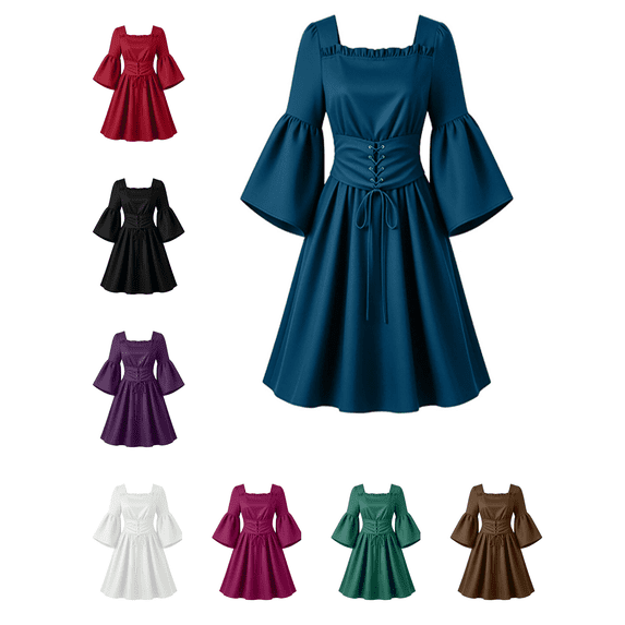 Busydd Womens Square Neck Renaissance Costume Solid Color Bell Sleeve Medieval Dress Vintage Lace Up Halloween Costumes for Party 3XL