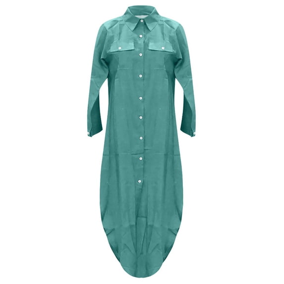 Busydd Womens Summer Button Dresses Flowy Long Sleeve Shirt Dress V Neck Solid Color Maxi Dress Casual Soft Slit Sundress with Pockets Plus Size S-5XL