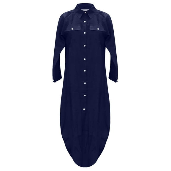 Busydd Womens Summer Button Dresses Flowy Long Sleeve Shirt Dress V Neck Solid Color Maxi Dress Casual Soft Slit Sundress with Pockets Plus Size S-5XL