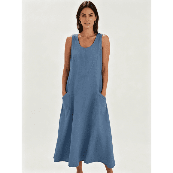 Busydd Womens Summer Dress Plus Size Cotton Linen Dresses Sleeveless Round Neck Maxi Dress Casual Loose Comfy Hawaiian Beach Dress Fashion Flowy Basic Solid Color Sundress with Pockets,S-5XL