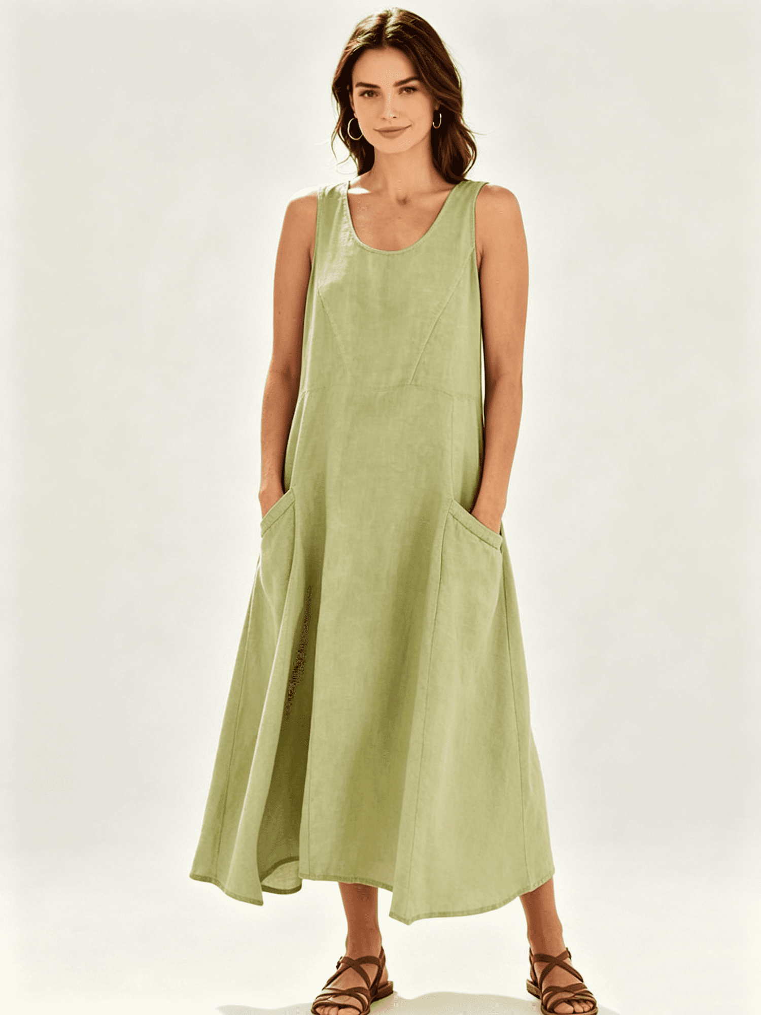 comfy beach dresses Busydd Womens Summer Dress Plus Size Cotton Linen Sleeveless Round Neck Maxi Dress Casual Loose Hawaiian Dress Fashion Flowy Basic Solid Color Sundress with Pockets,S-5XL 07/03 elegant puff sleeves Lightweight Black Tight Midi Size:UK20/US16