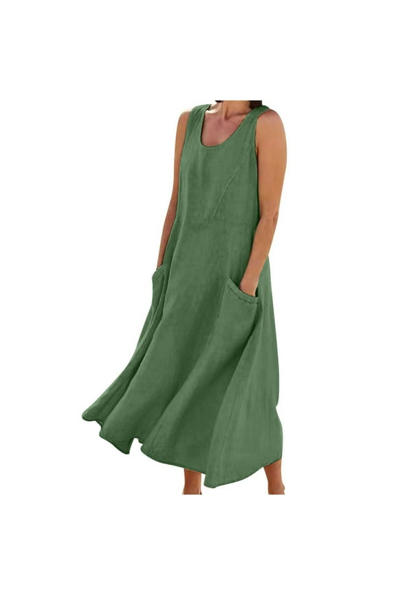 Womens Summer Dress Plus Size Cotton Linen Dresses Sleeveless Round Neck Maxi Dress Casual Loose Comfy Hawaiian Beach Dress Fashion Flowy Basic Solid Color Sundress with Pockets,S-5XL