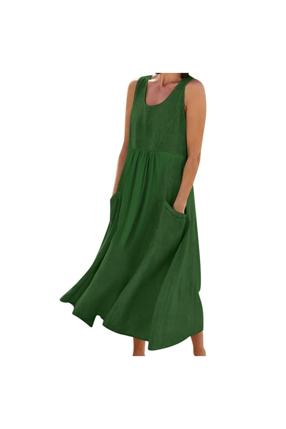 Womens Summer Dress Plus Size Cotton Linen Dresses Sleeveless Round Neck Maxi Dress Casual Loose Comfy Hawaiian Beach Dress Fashion Flowy Basic Solid Color Sundress with Pockets,S-5XL