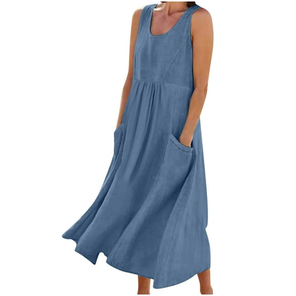 Busydd Womens Summer Dress Plus Size Cotton Linen Dresses Sleeveless Round Neck Maxi Dress Casual Loose Comfy Hawaiian Beach Dress Fashion Flowy Basic Solid Color Sundress with Pockets,S-5XL