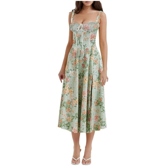 Busydd Womens Summer Dresses Boho Floral Dress Sleeveless Straps Maxi Dress High Waist Tunic Sundress Hawaiian Beach Long Dress Fashion Casual Slim Fit Leg Split Dress