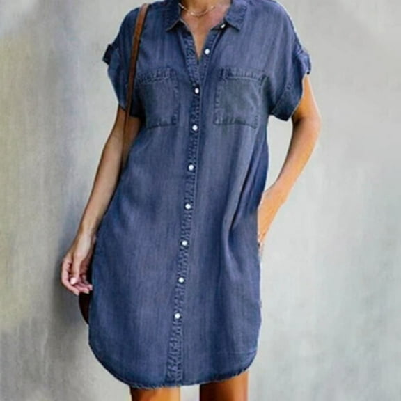 Busydd Womens Summer Dresses Button Down Denim Dresses Short Sleeve V Neck Midi Dress Fashion Casual Babydoll Sundress Tummy Control Jean Dress with Pockets