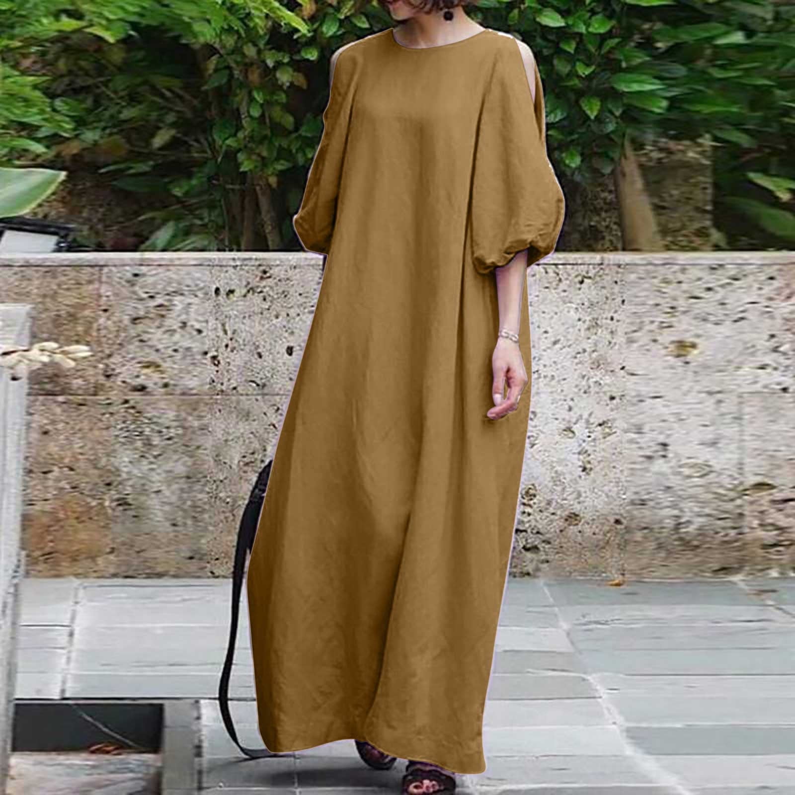 Busydd Womens Summer Dresses Cotton Linen Maxi Dresses Puff Half Sleeve ...