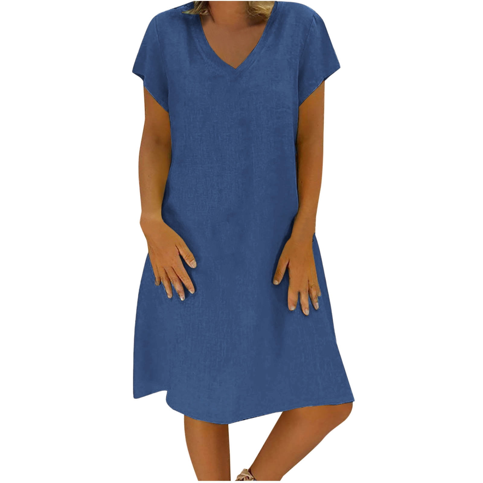 Women Cotton Midi Casual Solid Long Sundress Female Loose V-neck Dresses