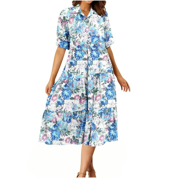 Busydd Womens Summer Dresses Fashion Bohemian Floral Print Maxi Dress Casual Flowy Elastic Waist Sundress Short Sleeve V Neck Button Sun Dress Tiered Swing Beach Long Dress with Pockets