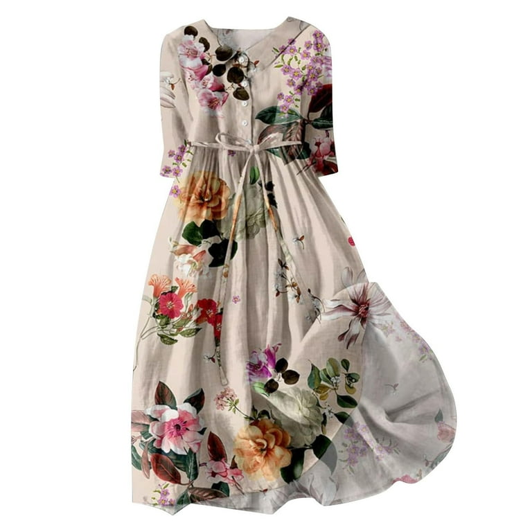 Casual Print Buttons Turndown Collar Long Dresses