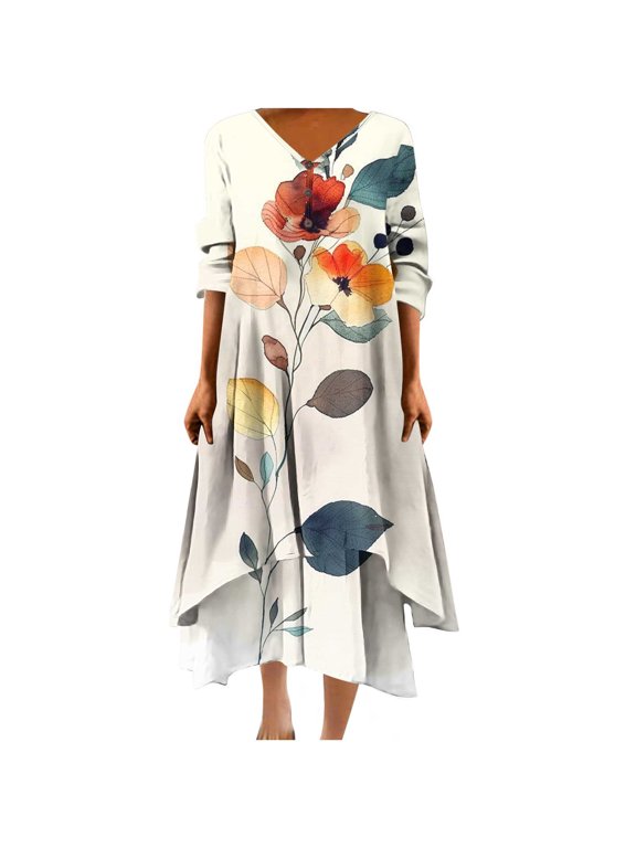 Womens Summer Dresses Fashion Floral Print V Neck Maxi Dress Casual 3/4 Lenght Sleeve Sundress Stylish Loose Flowy Irregular Hem Button Beach Dress Plus Size Dress S-5XL