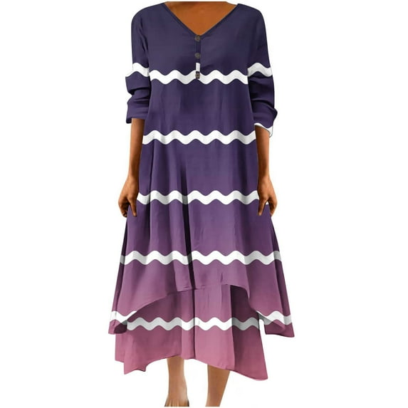 Busydd Womens Summer Dresses Fashion Striped Print V Neck Maxi Dress Casual 3/4 Lenght Sleeve Sundress Trendy Loose Flowy Irregular Hem Button Beach Dress Plus Size Long Dress S-5XL