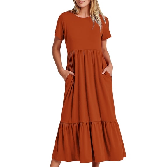 Busydd Womens Summer Dresses Flowy Tiered Pleated Maxi Dresses Short Sleeve Round Neck Beach Dress Fashion Casual Loose Sundress with Pockets
