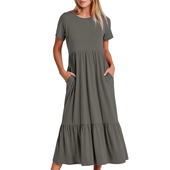Busydd Womens Summer Dresses Flowy Tiered Pleated Maxi Dresses Short Sleeve Round Neck Beach Dress Fashion Casual Loose Sundress with Pockets