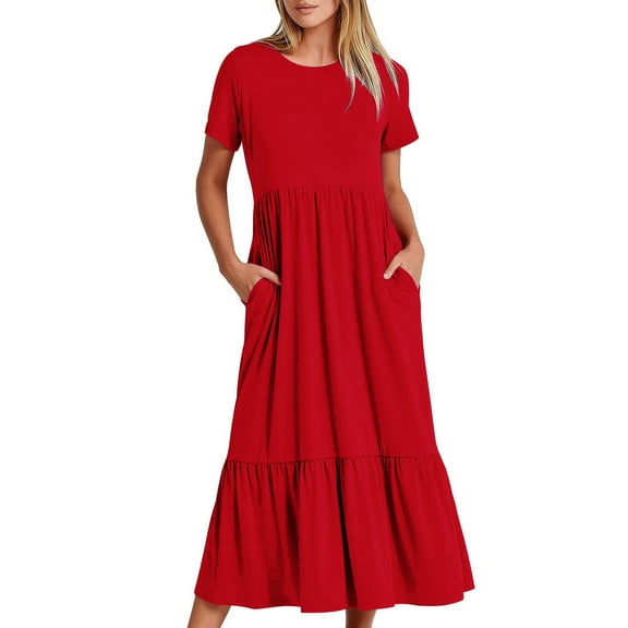 Busydd Womens Summer Dresses Flowy Tiered Pleated Maxi Dresses Short Sleeve Round Neck Beach Dress Fashion Casual Loose Sundress with Pockets