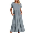 thumbnail image 1 of Busydd Womens Summer Dresses Flowy Tiered Pleated Maxi Dresses Short Sleeve Round Neck Beach Dress Fashion Casual Loose Sundress with Pockets, 1 of 5