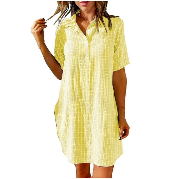 Busydd Womens Summer Dresses Solid Color Striped Cotton Linen Dresses Fashion Casual V Neck Midi Dress Flowy Loose Short Sleeve Sundress Comfy Swing Button Down Beach Dress Plus Size Dress S-3XL