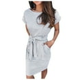 thumbnail image 1 of Busydd Womens Summer Dresses Striped Midi Dresses Short Sleeve Round Neck Sundress Fashion Casual Tie Waist Beach Dress with Pockets, 1 of 5