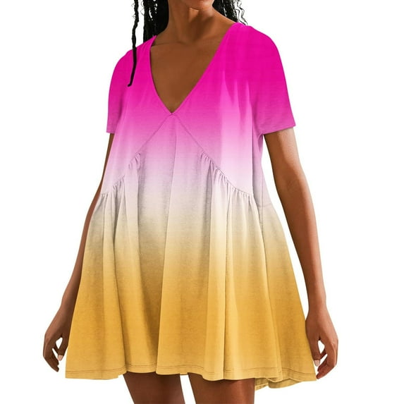 Busydd Womens Summer Dresses Stylish Colorful Gradient Print Midi Dress Casual Flowy Loose Mini Dress Short Sleeve Deep V Neck Sundress Fashion Beack T-Shirt Dress