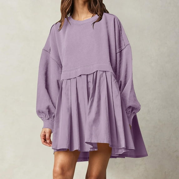 Busydd Womens Summer Dresses Tiered Pleated Midi Dress Solid Color Oversized Patchwork Sundress Round Neck Long Sleeve Shirts Dresses Soft Versatile Casual Dress