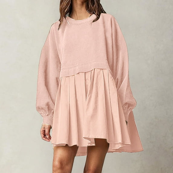 Busydd Womens Summer Dresses Tiered Pleated Midi Dress Solid Color Oversized Patchwork Sundress Round Neck Long Sleeve Shirts Dresses Soft Versatile Casual Dress