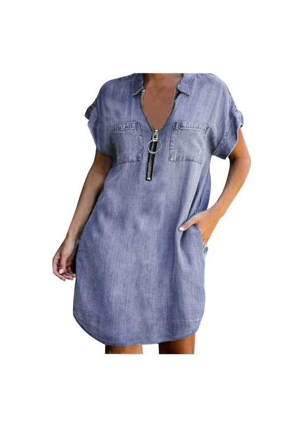 Womens Summer Dresses Zipper Denim Dresses Short Sleeve V Neck Midi Dress Fashion Casual Babydoll Sundress Tummy Control Jean Dress with Pockets