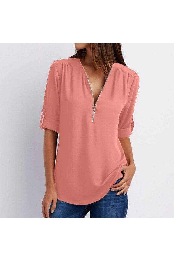 Womens Summer Tops 1/2 Sleeve V Neck Zipper T-shirts Soft Comfy Fashion Flowy Solid Blouses Loose Fit Tees Dressy Tops for Women