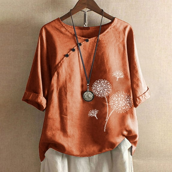 Busydd Womens Summer Tops 2024 Button Cotton Floral Short Sleeve Round Neck T-shirts Soft Comfy Fashion Flowy Blouses Loose Fit Basic Tees Casual Dressy Tops for Women