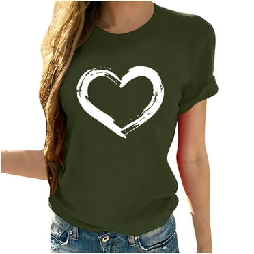 Busydd Womens Summer Tops Short Sleeve Crewneck Casual Dressy Tops Shirts Soft Fashion Heart Printed Blouses Loose Fit Basic Tops Tees