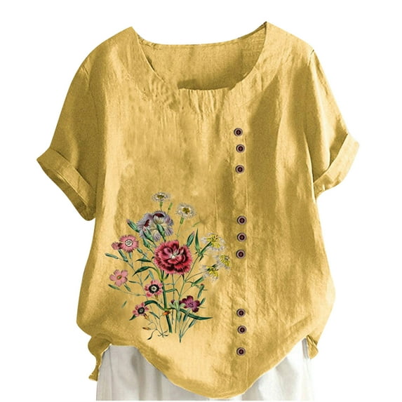 Busydd Womens Summer Tops Button Cotton Casual Tops Short Sleeve Crewneck Embroidery T-shirts Soft Comfy Fashion Oversized Blouses Plus Size S-5XL