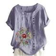 thumbnail image 1 of Busydd Womens Summer Tops Button Cotton Casual Tops Short Sleeve Crewneck Embroidery T-shirts Soft Comfy Fashion Oversized Blouses Plus Size S-5XL, 1 of 4