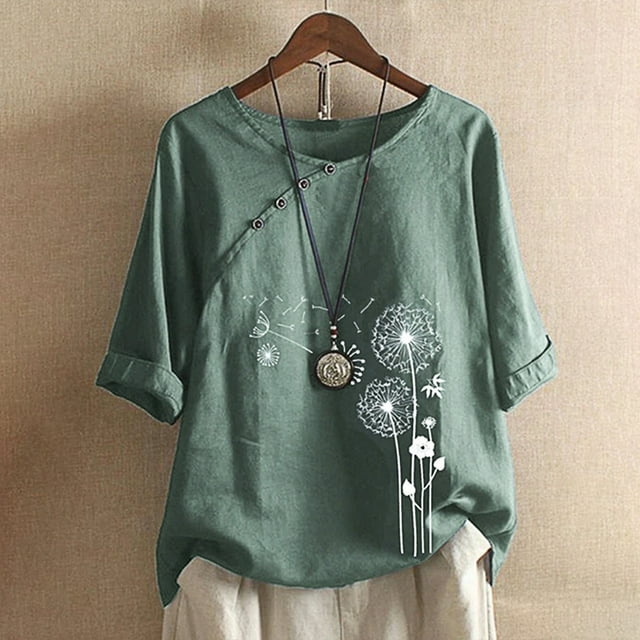 Busydd Womens Summer Tops Button Cotton Floral Short Sleeve Round Neck T-shirts Soft Comfy Fashion Flowy Blouses Loose Fit Basic Tees Casual Dressy Tops for Women