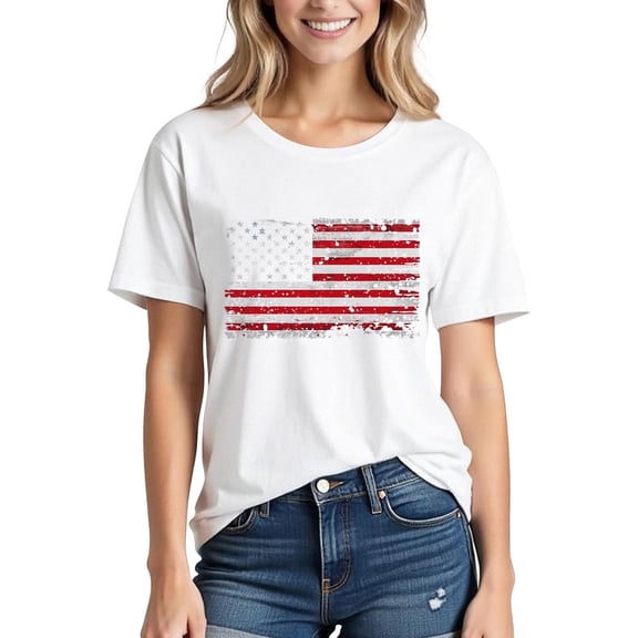 Busydd Womens Summer Tops Casual Comfortable Cotton T Shirts for Women USA Stars and Stripes Print Independence Day Tops 4th of July Round Neck Short Sleeve Patriotic Graphic Tees XL