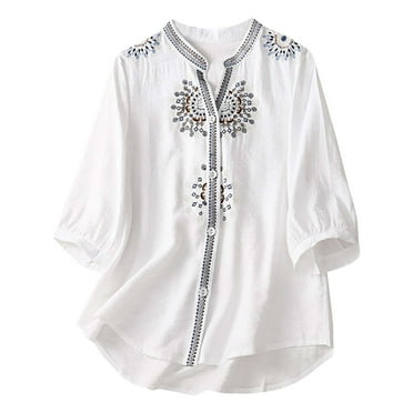 Busydd Womens Summer Tops Casual Crewneck Traditional Mexican Shirts Embroidered Peasant Floral Print Blouses 3/4 Sleeve Loose Fit Hawaiian Vacation T Shirts Tops