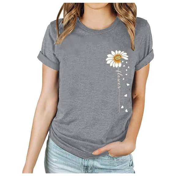Busydd Womens Summer Tops Casual Round Neck Short Sleeve T-Shirt Tops Fashion Floral Basic Loose Fit Tees