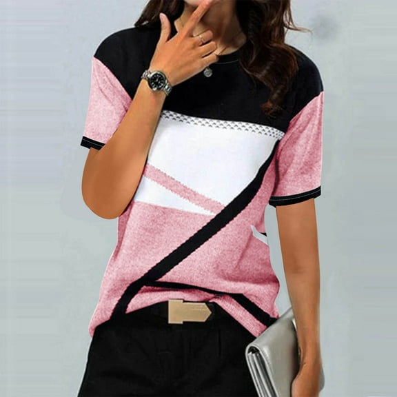 Busydd Womens Summer Tops Casual Round Neck Short Sleeve T-Shirt Tops Geometry Printed Blouse Tees