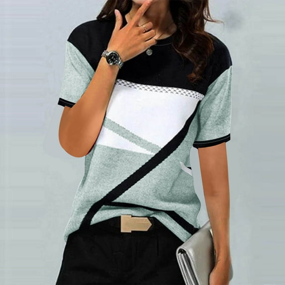 Busydd Womens Summer Tops Casual Round Neck Short Sleeve T-Shirt Tops Geometry Printed Blouse Tees