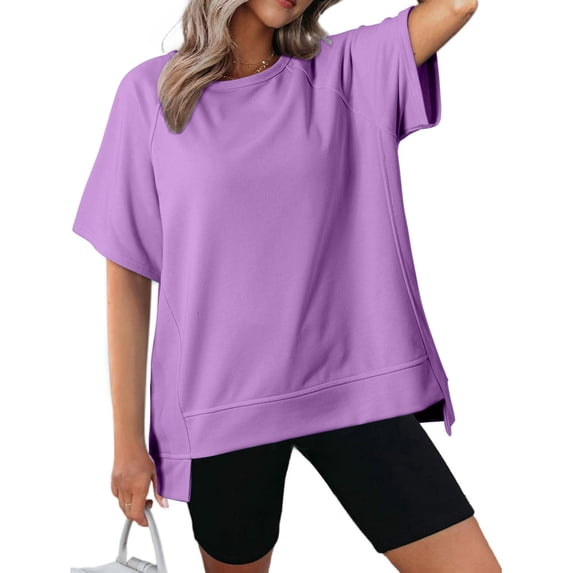Busydd Womens Summer Tops Casual Round Neck Short Sleeve T-Shirt Tops Solid Basic Loose Fit Tees Irregular Design Blouse