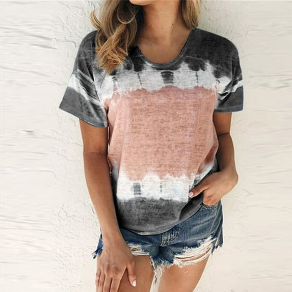 Busydd Womens Summer Tops Casual Short Sleeve Round Neck Tee Shirts Comfy Loose Going Out Tops Fashion Colorblock Patchwork Tees
