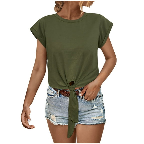 Busydd Womens Summer Tops Casual Stylish Round Neck Blouses Short Sleeve Tie Knot Hem T Shirts Lightweigh Tunic Basic Solid Color Tee Tops for Women