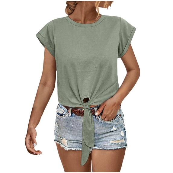 Busydd Womens Summer Tops Casual Stylish Round Neck Blouses Short Sleeve Tie Knot Hem T Shirts Lightweigh Tunic Basic Solid Color Tee Tops for Women